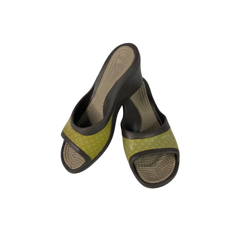 Crocs Sandals Womens Size 8 Green Wedge Slide Comfort Slip On Shoes Geometric